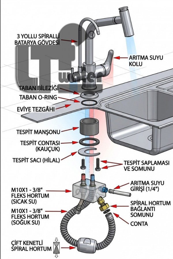 Ltf Arıtma Çıkışlı 3 Yollu Spiralli Batarya - Krom