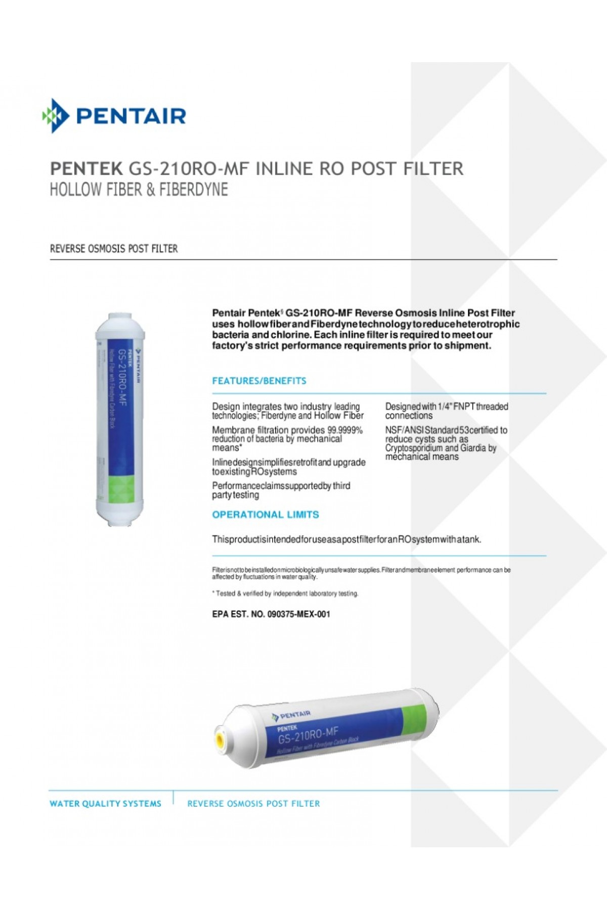 PENTAIR PENTEK GS210ROMF INLINE RO POST FİLTRESİ